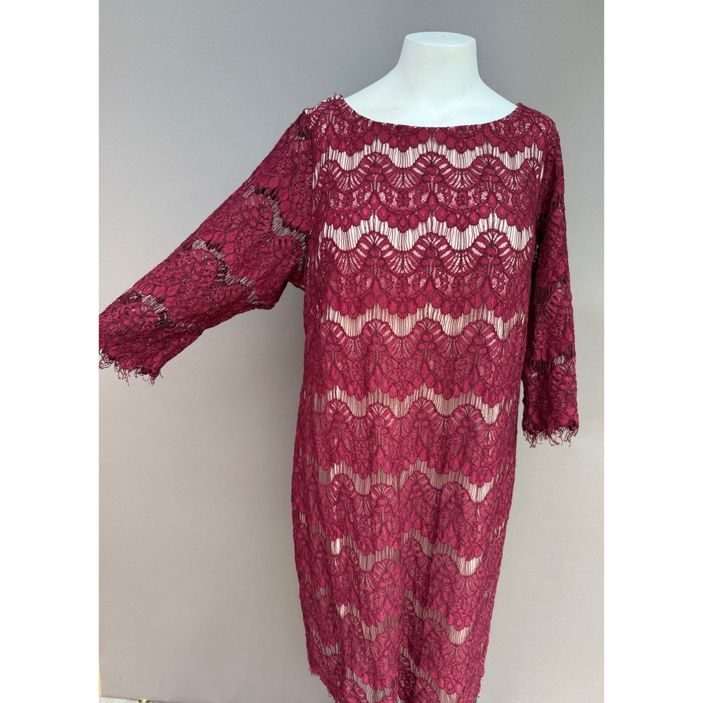 Jessica Howard 16W Burgundy Lace Sheath Dress 3/4 Sleeve Scalloped Wedding Guest